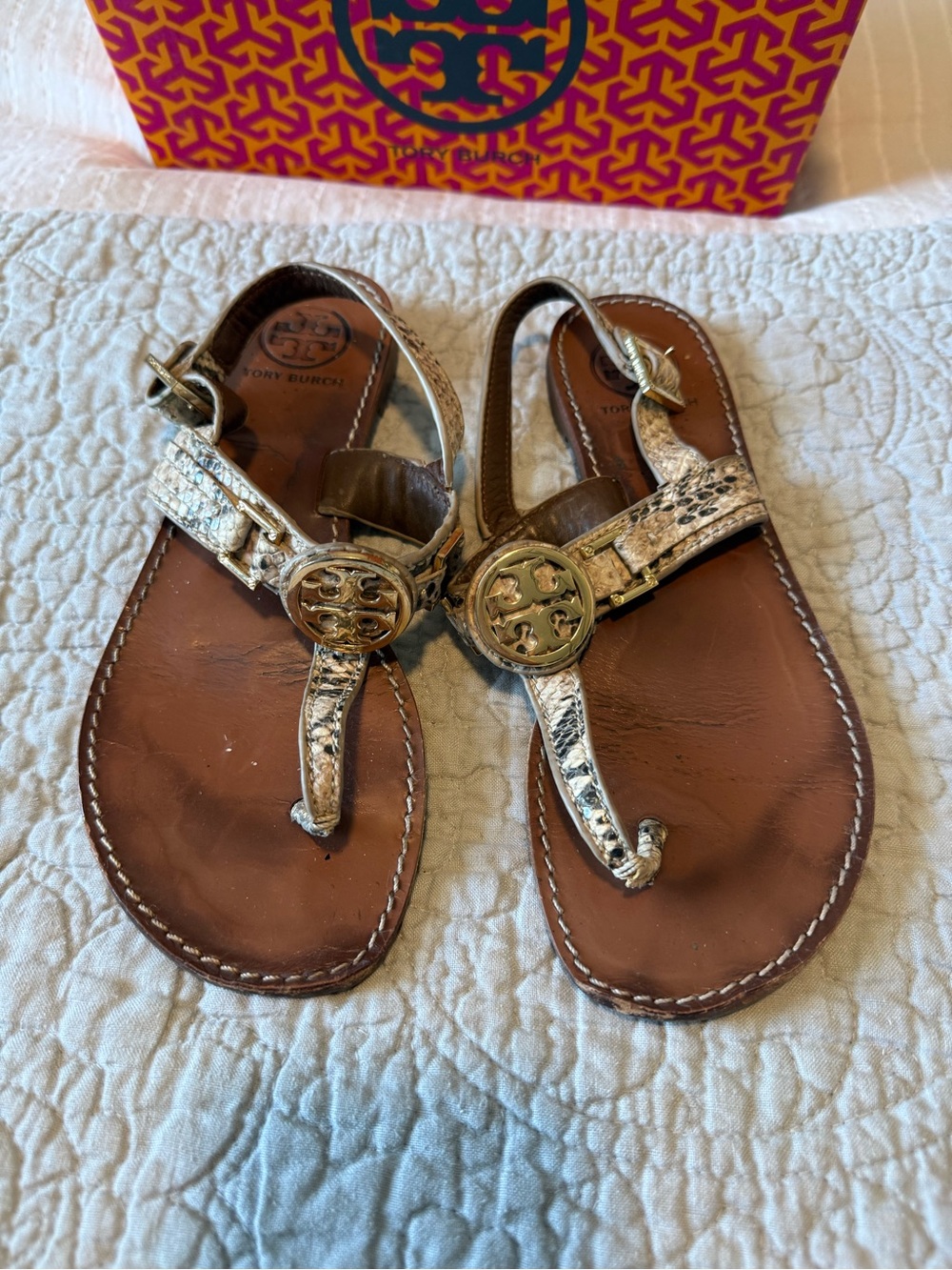 Tory Burch Women’s Cassia Python Print Logo Thong Sandals